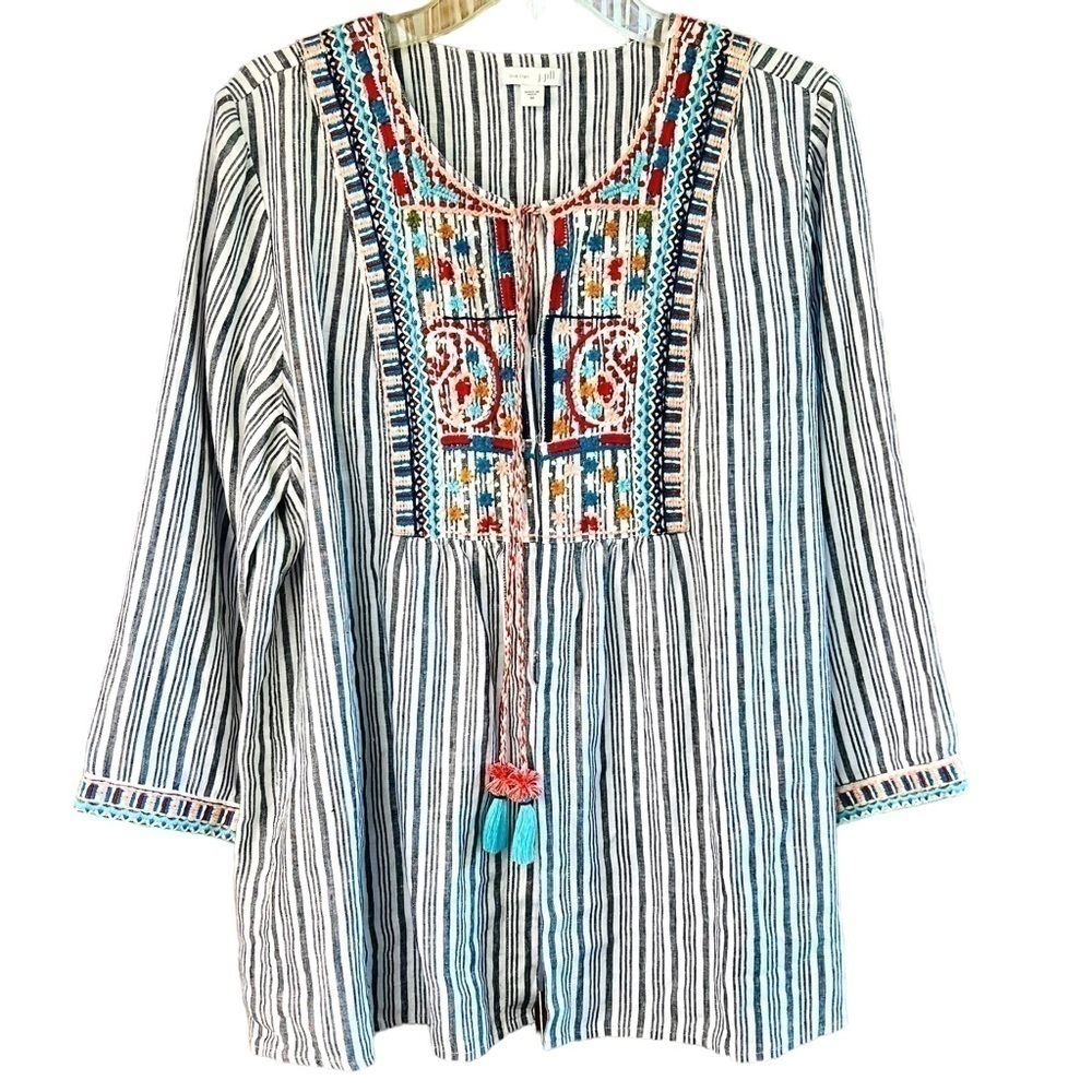 J.Jill Love Linen Boho Striped Embroidered Peasant Top with Tassels 3/4 Sleeve M - Picture 2 of 16